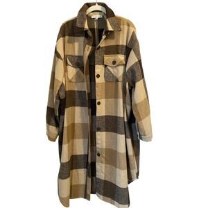 HYFVE Plaid Button Down Longline Coat Shacket Plaid Women's L Brown Tan sz. L